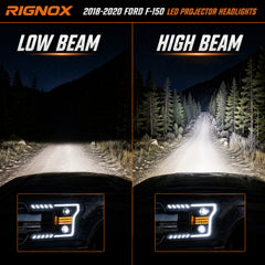 2018-2020 Ford F-150 LED Dual Projector Headlights — black housing ledprojector c shaped DRL low beam high beam — H-F150-18