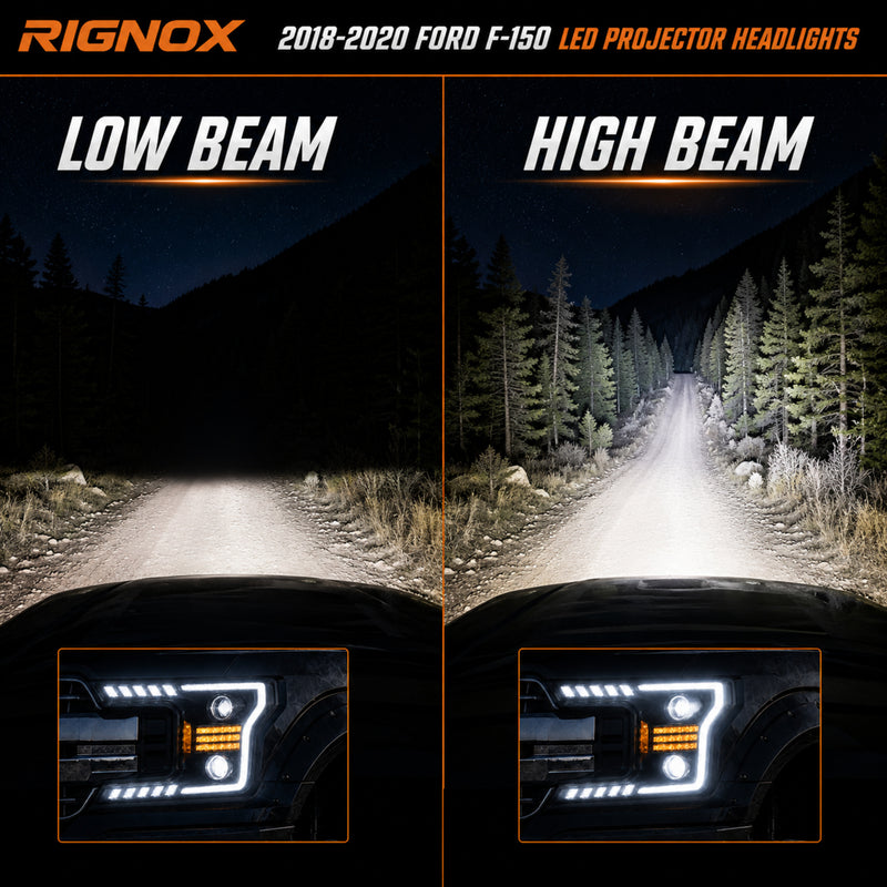 2018-2020 Ford F-150 LED Dual Projector Headlights — black housing ledprojector c shaped DRL low beam high beam — H-F150-18