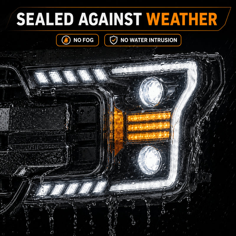 2018-2020 Ford F-150 LED Dual Projector Headlights — black housing ledprojector c shaped DRL no water sealed — H-F150-18