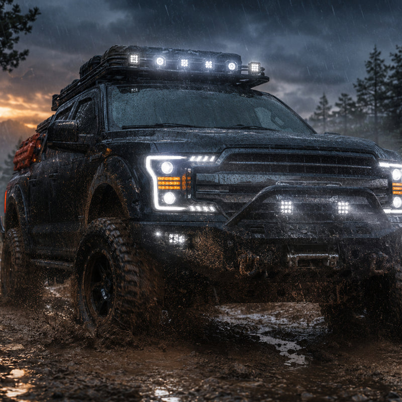 2018-2020 Ford F-150 LED Dual Projector Headlights — black housing ledprojector c shaped DRL rain mud trail — H-F150-18
