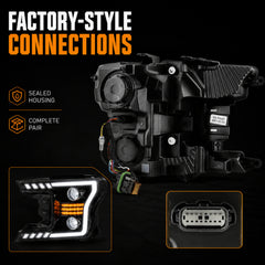 2018-2020 Ford F-150 LED Dual Projector Headlights — black housing ledprojector c shaped DRL rear housing plugs detail — H-F150-18