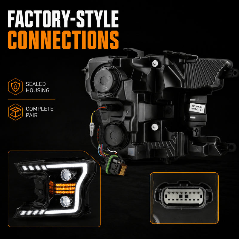 2018-2020 Ford F-150 LED Dual Projector Headlights — black housing ledprojector c shaped DRL rear housing plugs detail — H-F150-18
