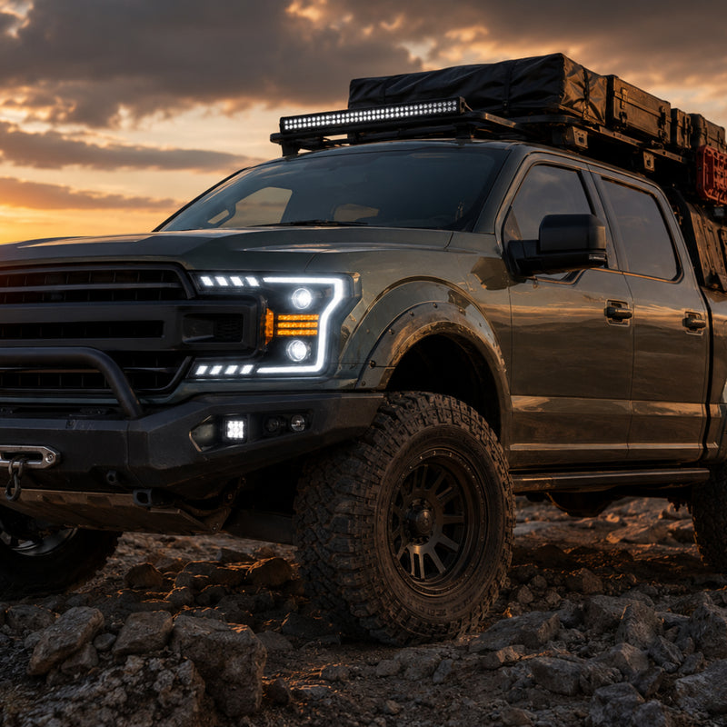 2018-2020 Ford F-150 LED Dual Projector Headlights — black housing ledprojector c shaped DRL side front off road — H-F150-18
