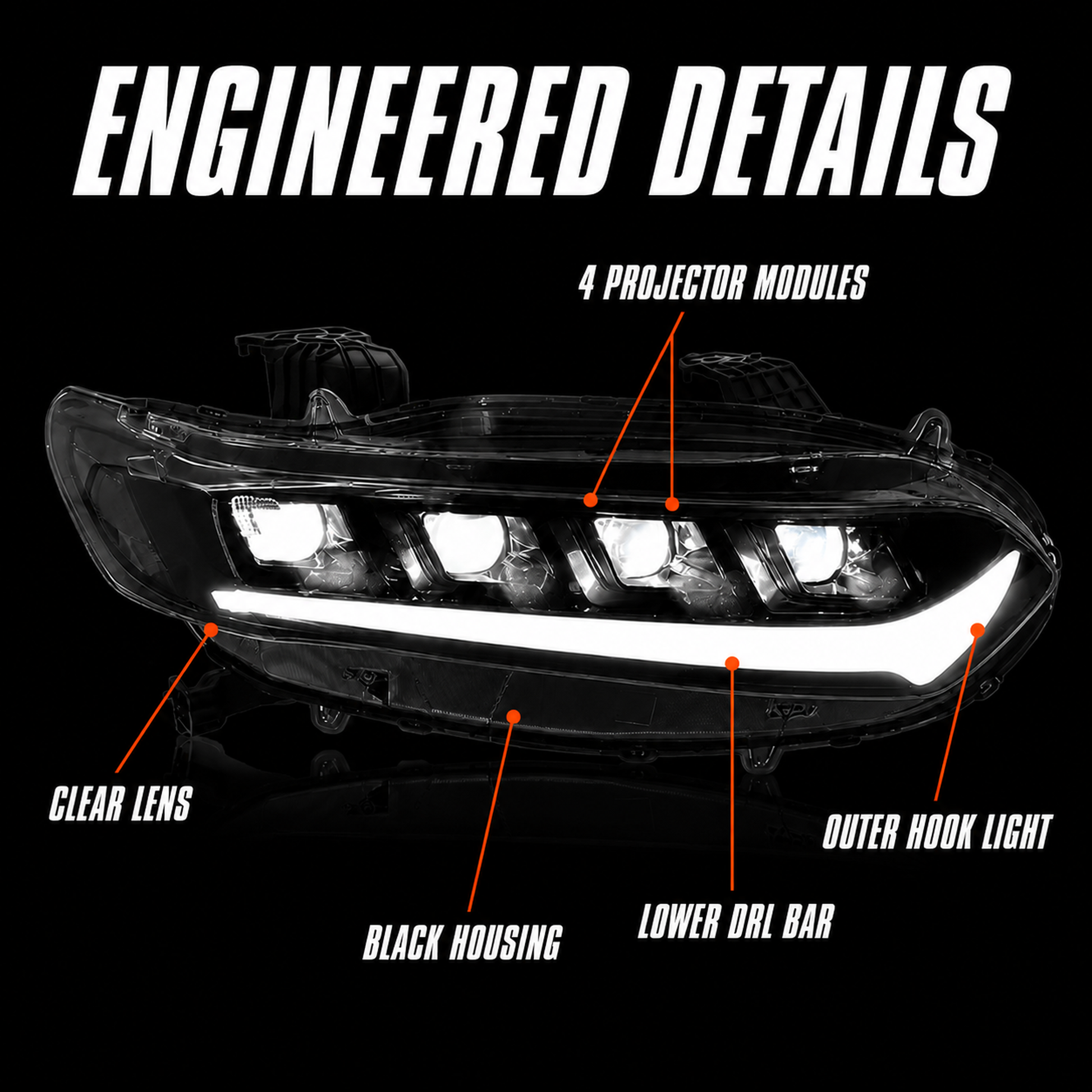 2018-2022 Honda Accord 10th Gen LED Quad Projector Headlights — clear white detail callouts - H-ACC10-CW
