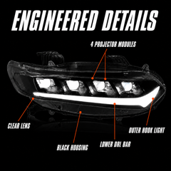 2018-2022 Honda Accord 10th Gen LED Quad Projector Headlights — clear white detail callouts - H-ACC10-CW