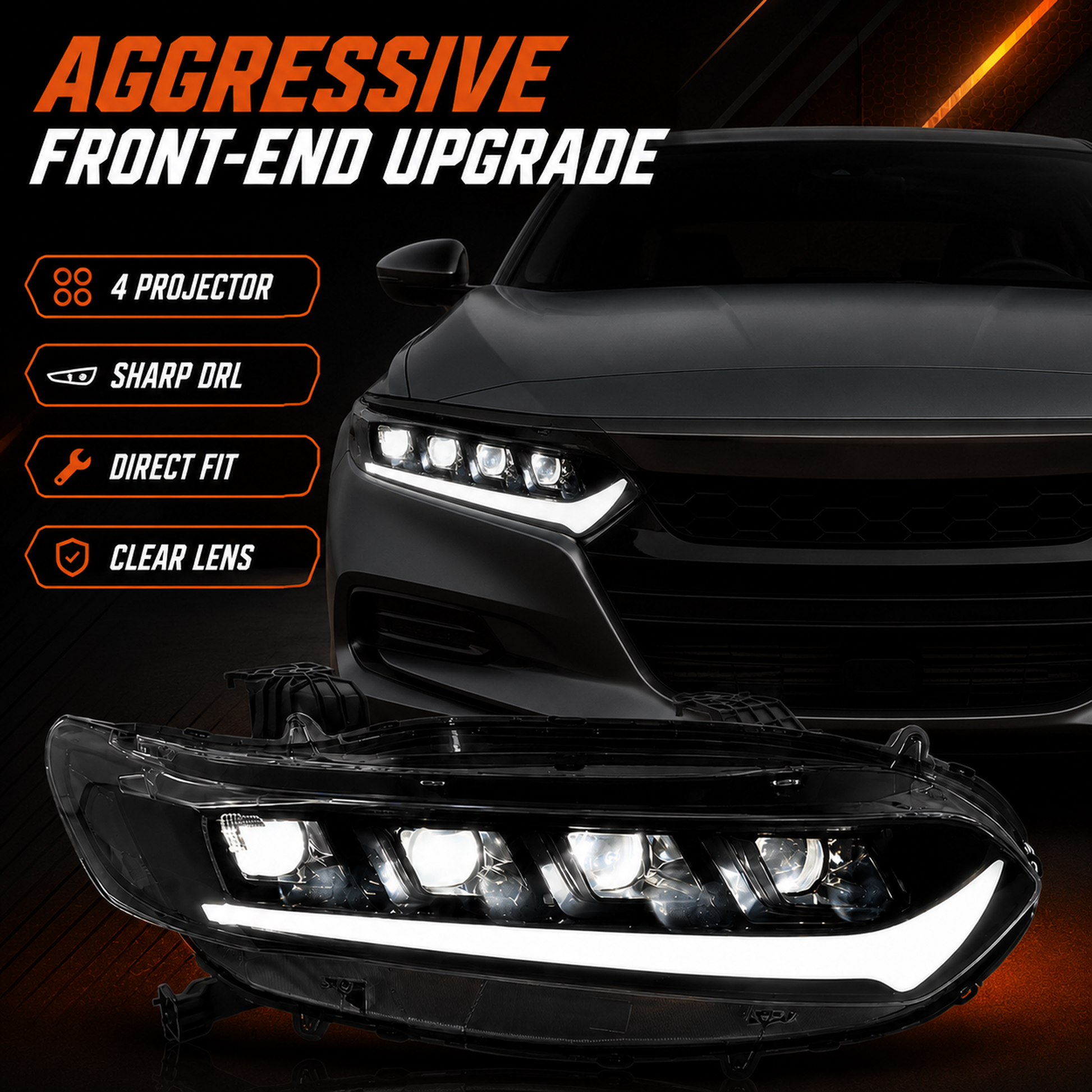 2018-2022 Honda Accord 10th Gen LED Quad Projector Headlights — clear white feature summary - H-ACC10-CW