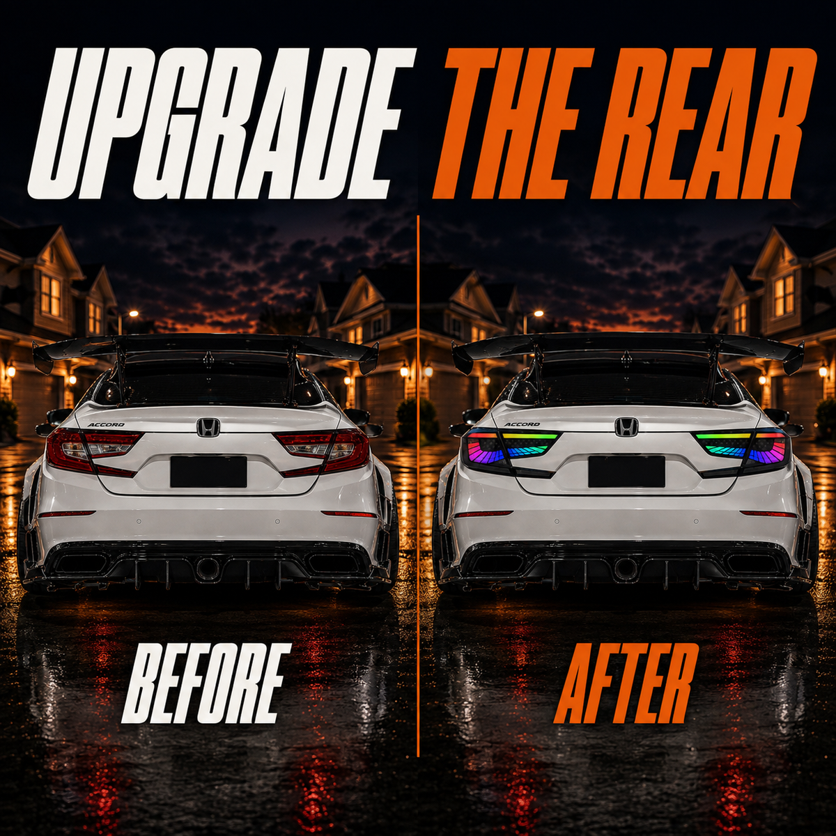 2018-2022 Honda Accord 10th Gen Sequential LED Tail Lights — before and after rear upgrade — T-ACC10-SS-RGB