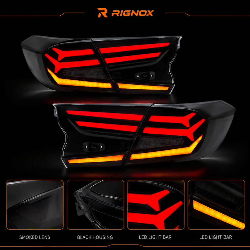 2018-2022 Honda Accord 10th Gen Sequential LED Tail Lights — smoked red lens detail showcase - T-ACC10-FSH-SR
