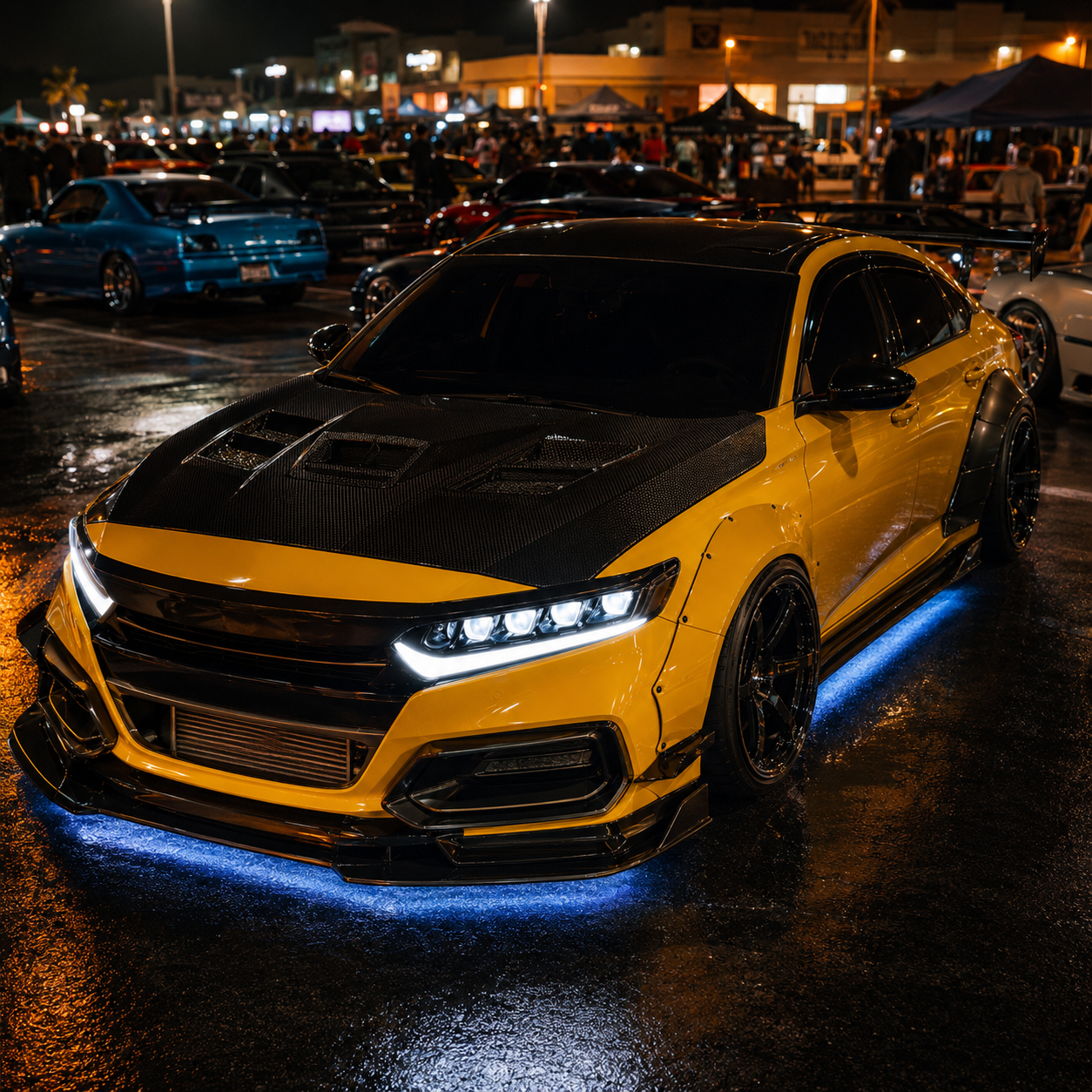 2018-2022 Honda Accord 10th Gen LED Quad Projector Headlights — clear white car meet front 45 yellow - H-ACC10-CW
