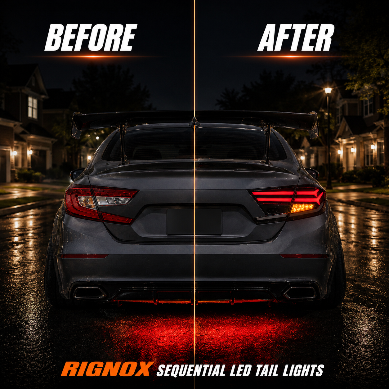 2018-2022 Honda Accord 10th Gen Sequential LED Tail Lights — clear white sequential LED before after - T-ACC10-FSH-CW