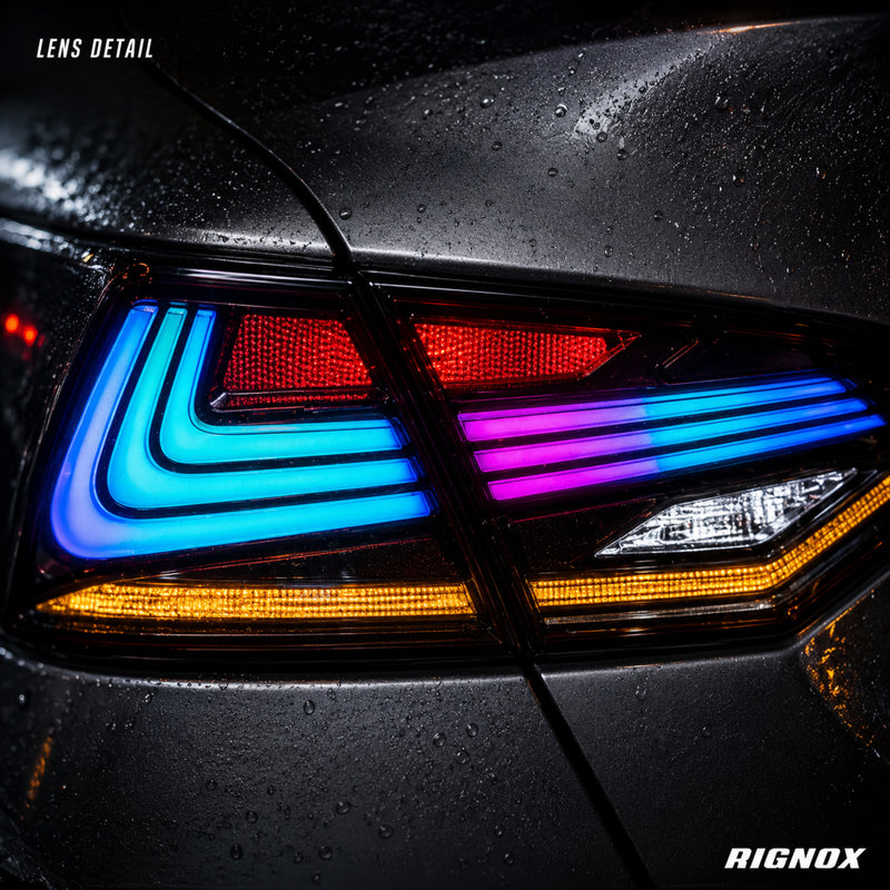 2018-2024 Toyota Camry 8th Gen Sequential LED Tail Lights — RGB lens close up - T-CAM18-HL-SRGB