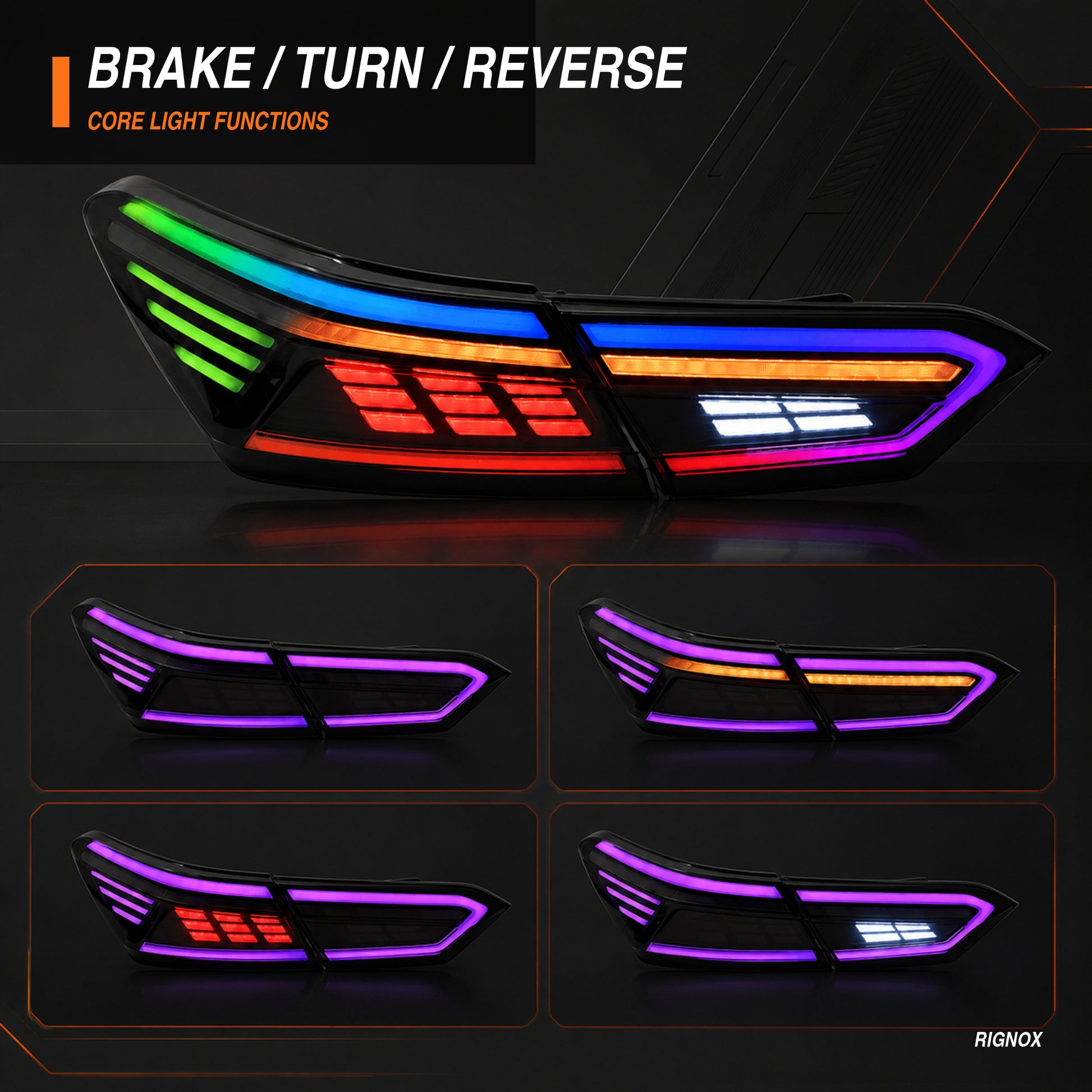 2018-2024 Toyota Camry 8th Gen Sequential LED Tail Lights — rectilinear RGB brake turn reverse - T-CAM18-RC-SRGB
