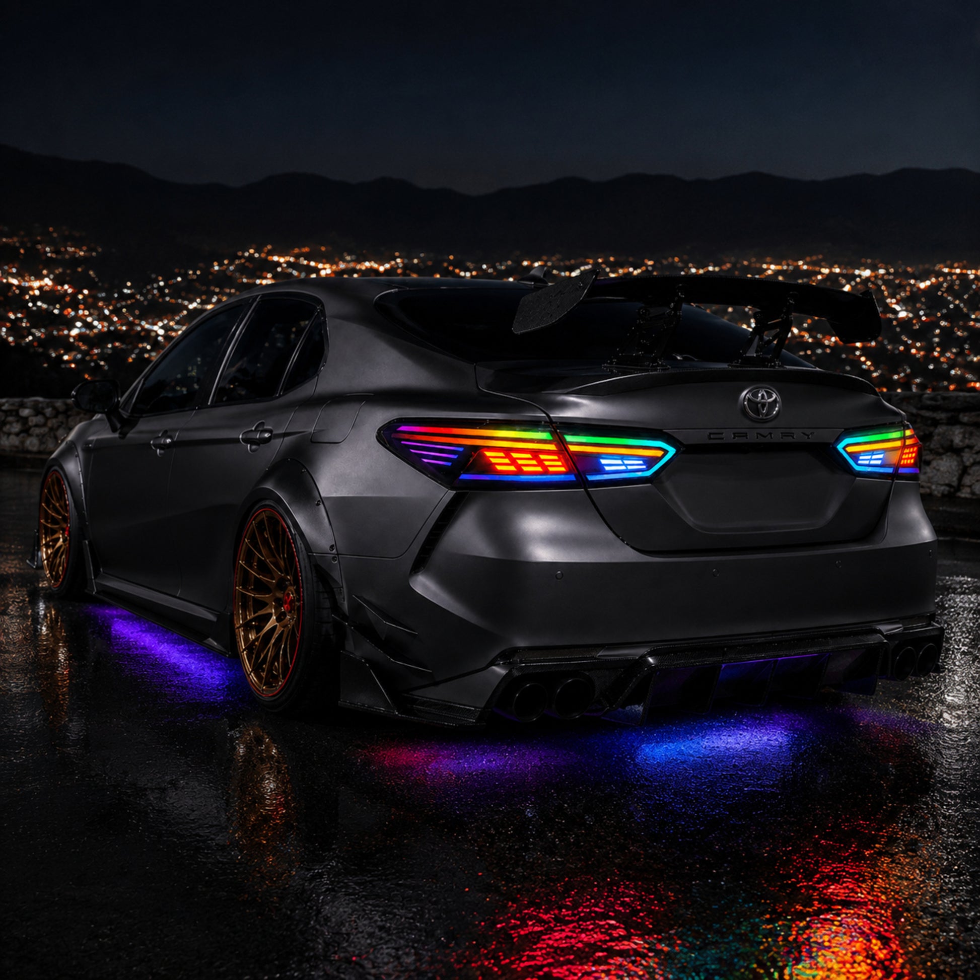 2018-2024 Toyota Camry 8th Gen Sequential LED Tail Lights — rectilinear RGB installed night - T-CAM18-RC-SRGB