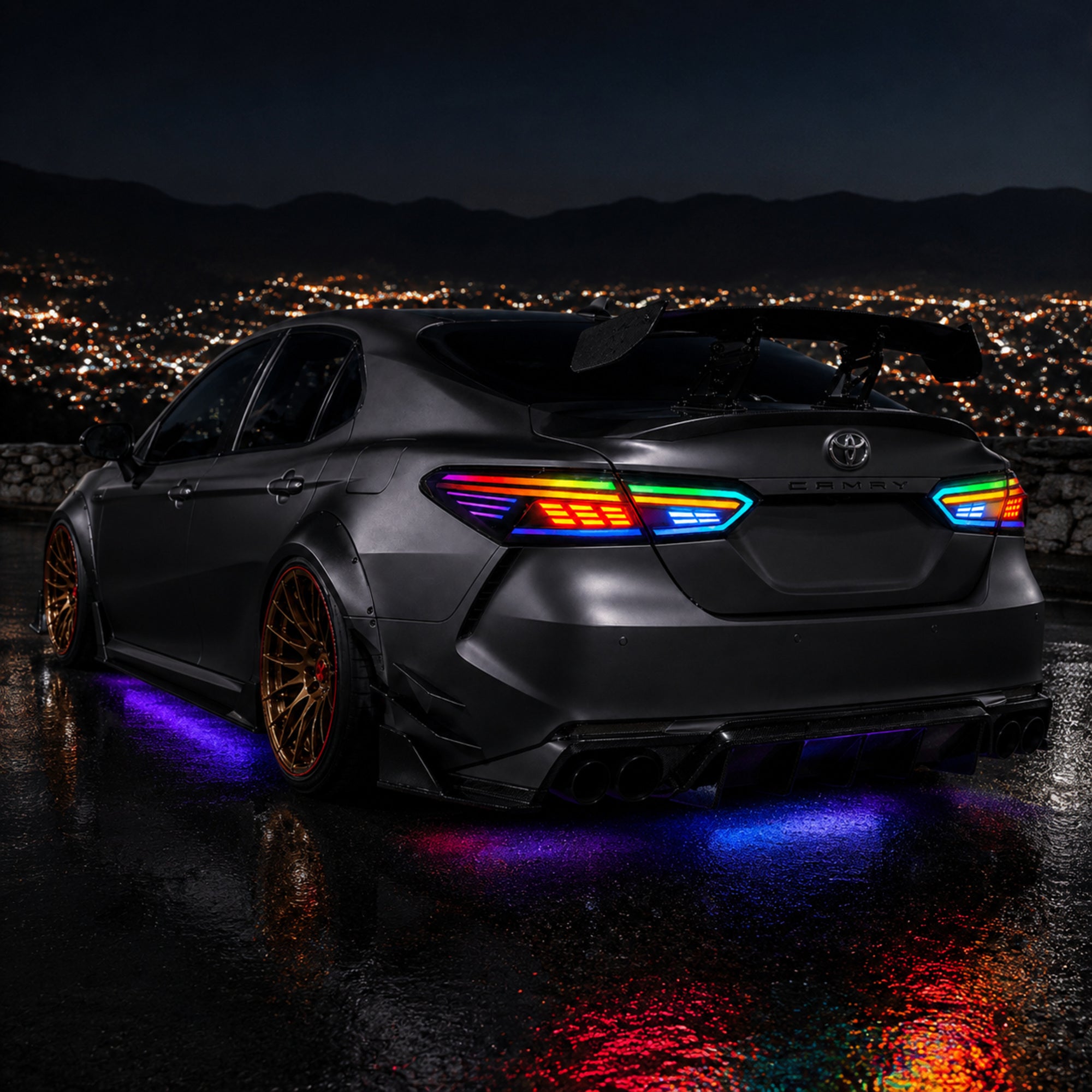 2018-2024 Toyota Camry 8th Gen Sequential LED Tail Lights — rectilinear RGB installed night - T-CAM18-RC-SRGB