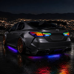 2018-2024 Toyota Camry 8th Gen Sequential LED Tail Lights — rectilinear RGB installed night - T-CAM18-RC-SRGB