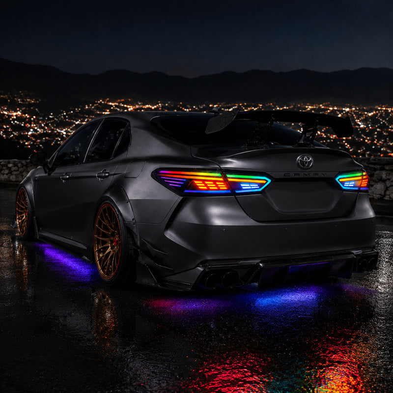 2018-2024 Toyota Camry 8th Gen Sequential LED Tail Lights — rectilinear RGB installed night - T-CAM18-RC-SRGB
