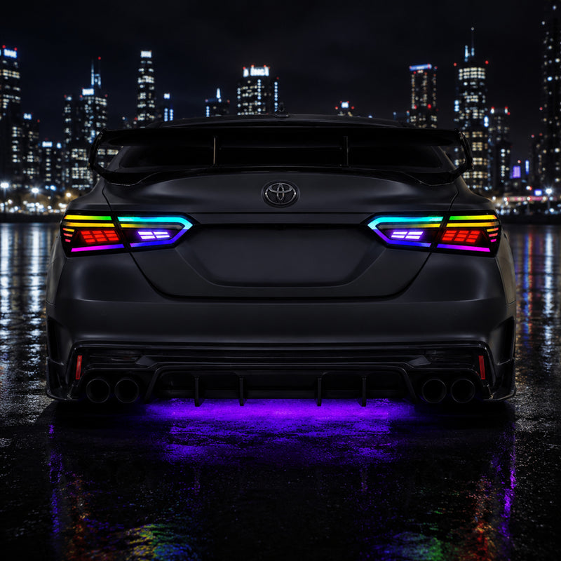 2018-2024 Toyota Camry 8th Gen Sequential LED Tail Lights — rectilinear RGB night rear signature - T-CAM18-RC-SRGB