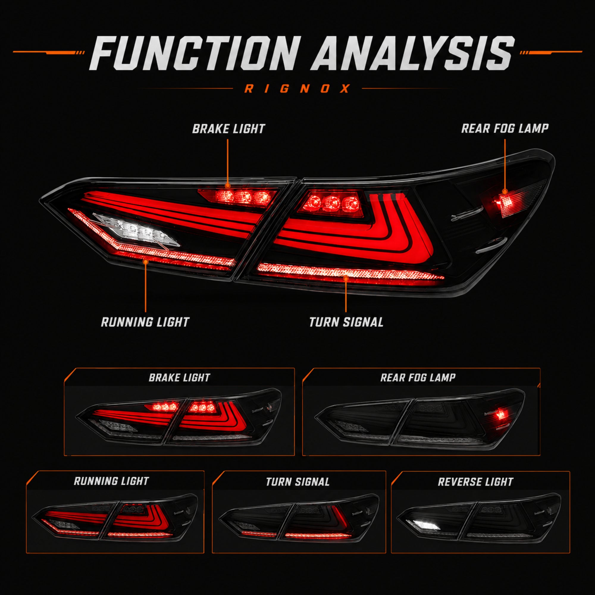 2018-2024 Toyota Camry 8th Gen Sequential LED Tail Lights — smoked red rectilinear function analysis - T-CAM18-HL-SR