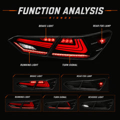 2018-2024 Toyota Camry 8th Gen Sequential LED Tail Lights — smoked red rectilinear function analysis - T-CAM18-HL-SR