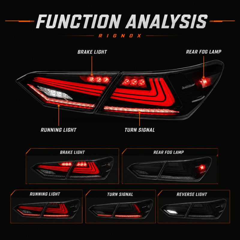 2018-2024 Toyota Camry 8th Gen Sequential LED Tail Lights — smoked red rectilinear function analysis - T-CAM18-HL-SR