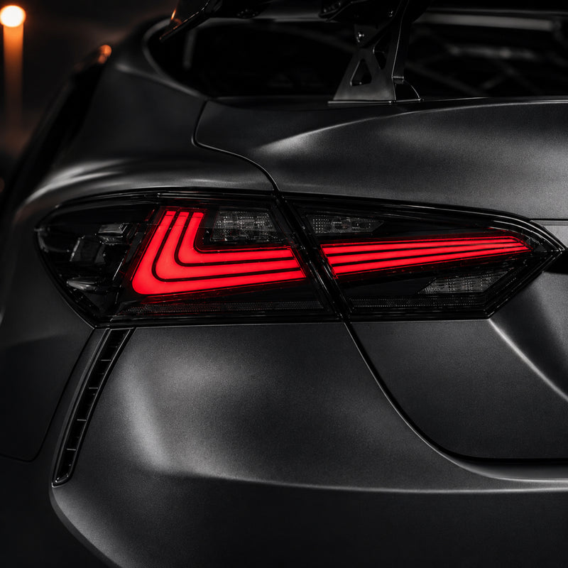 2018-2024 Toyota Camry 8th Gen Sequential LED Tail Lights — smoked red rectilinear lens detail close up - T-CAM18-HL-SR