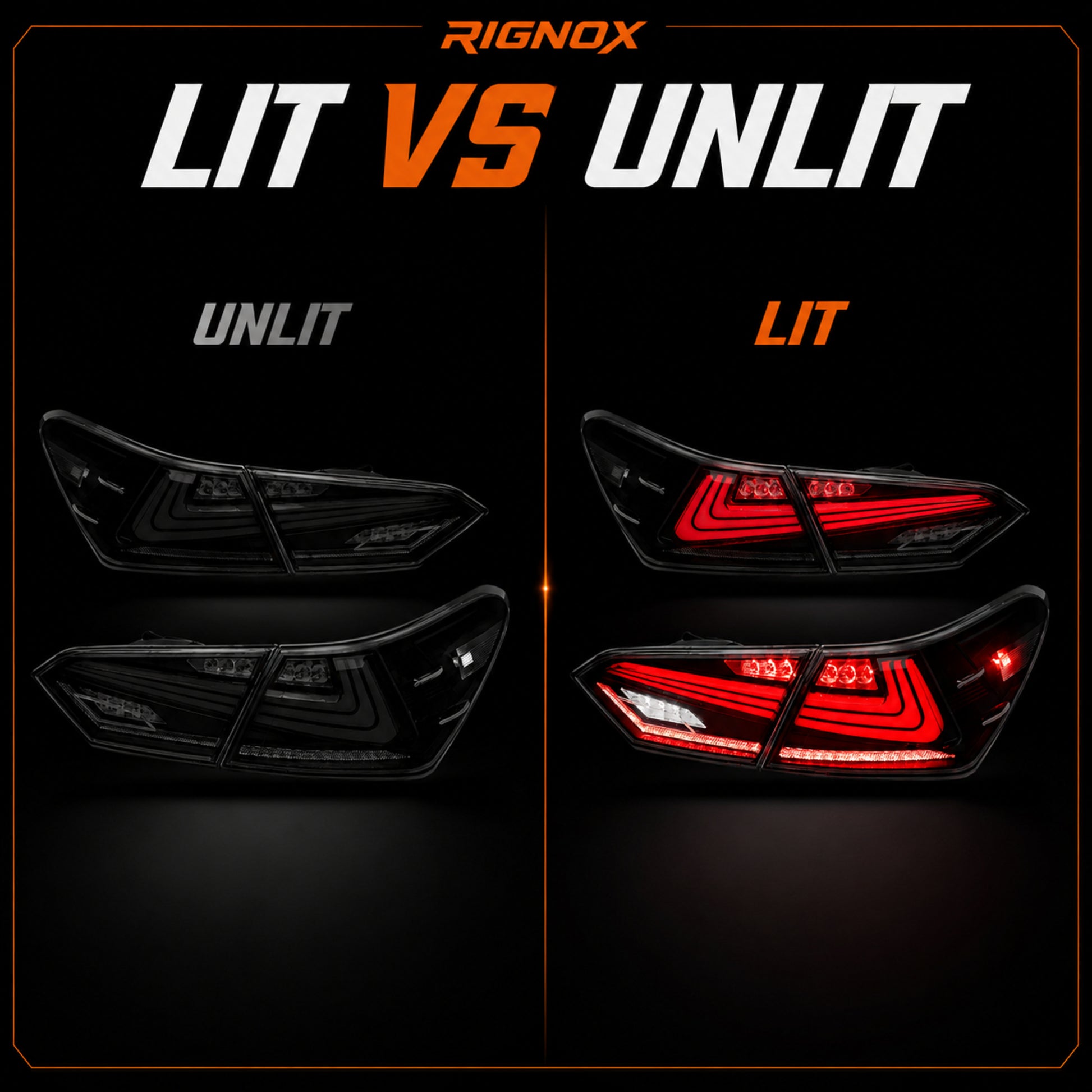 2018-2024 Toyota Camry 8th Gen Sequential LED Tail Lights — smoked red rectilinear lit unlit comparison - T-CAM18-HL-SR