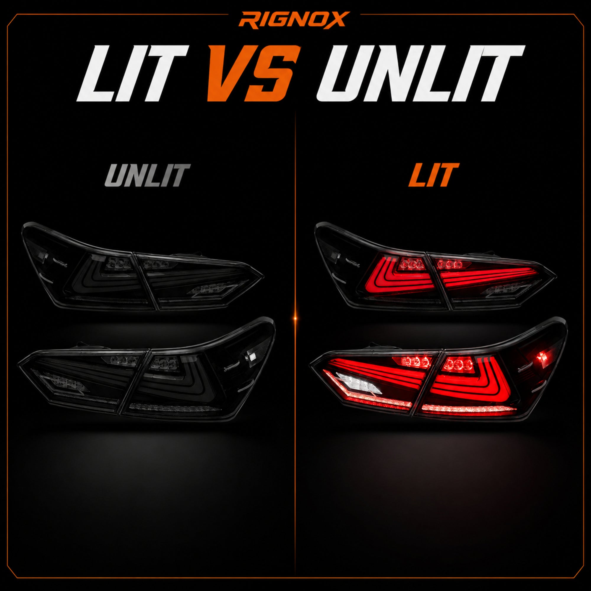 2018-2024 Toyota Camry 8th Gen Sequential LED Tail Lights — smoked red rectilinear lit unlit comparison - T-CAM18-HL-SR
