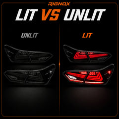 2018-2024 Toyota Camry 8th Gen Sequential LED Tail Lights — smoked red rectilinear lit unlit comparison - T-CAM18-HL-SR