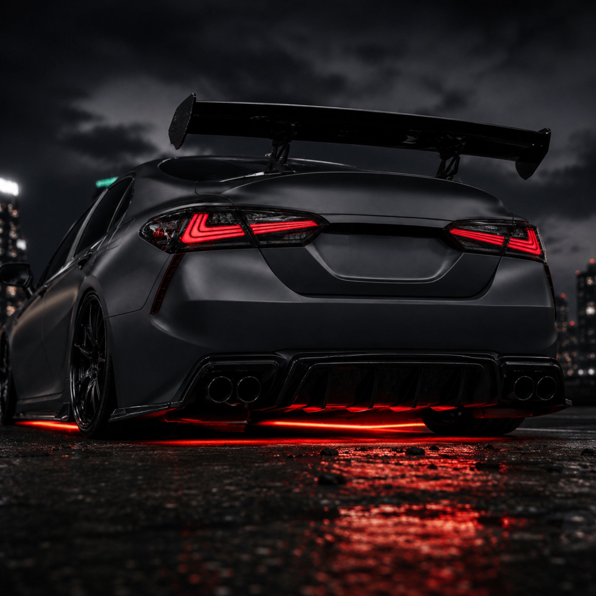 2018-2024 Toyota Camry 8th Gen Sequential LED Tail Lights — smoked red rectilinear low angle tail view - T-CAM18-HL-SR
