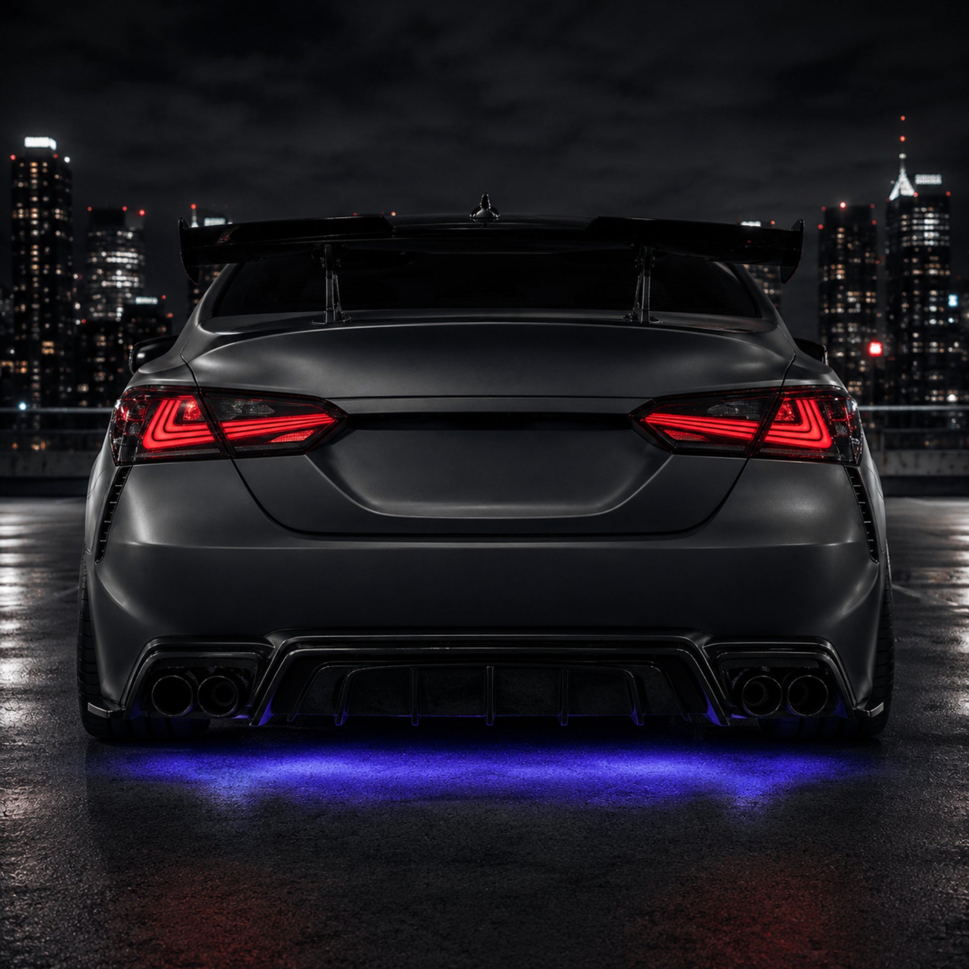 2018-2024 Toyota Camry 8th Gen Sequential LED Tail Lights — smoked red rectilinear night rear view - T-CAM18-HL-SR