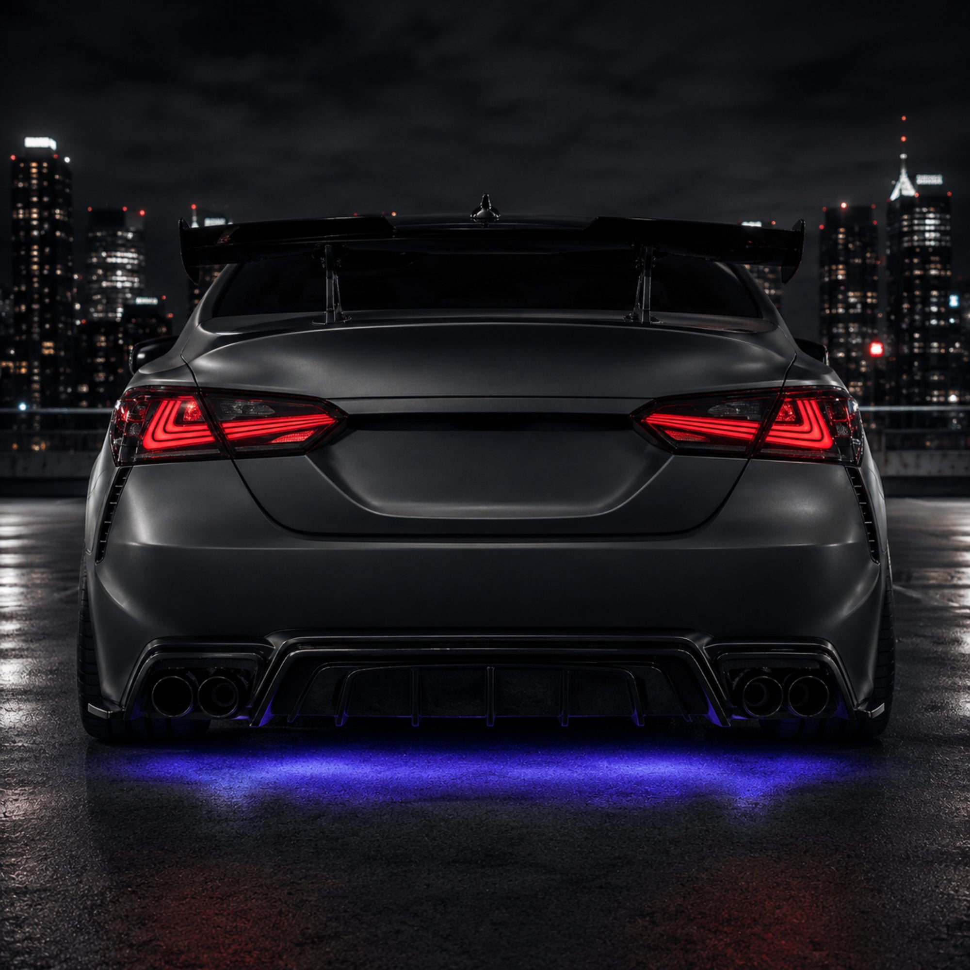 2018-2024 Toyota Camry 8th Gen Sequential LED Tail Lights — smoked red rectilinear night rear view - T-CAM18-HL-SR