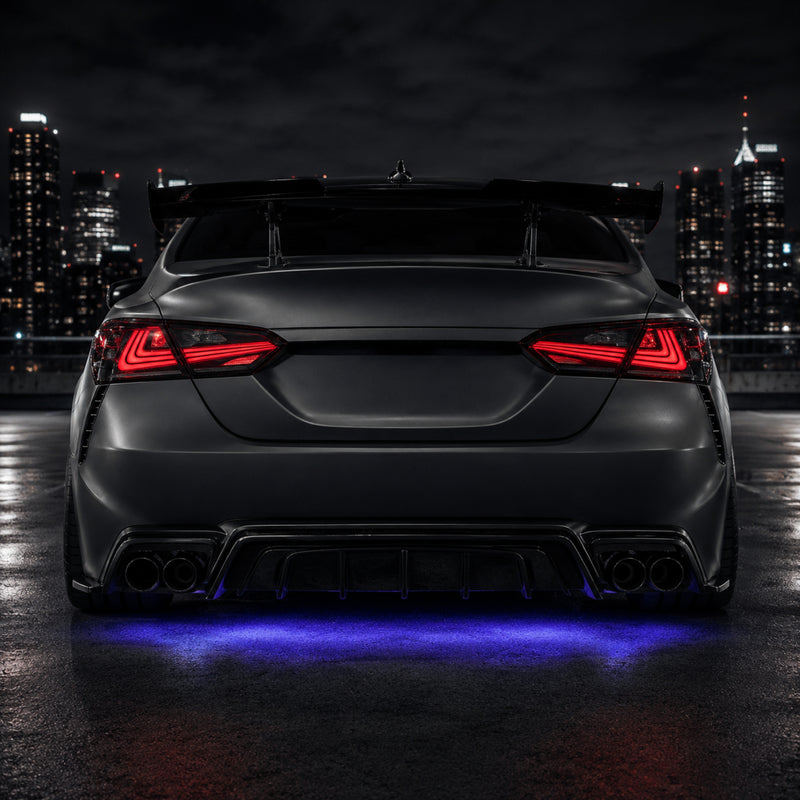 2018-2024 Toyota Camry 8th Gen Sequential LED Tail Lights — smoked red rectilinear night rear view - T-CAM18-HL-SR