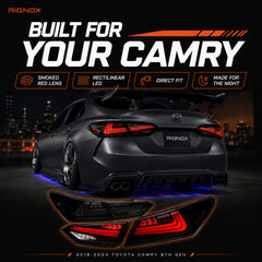 2018-2024 Toyota Camry 8th Gen Sequential LED Tail Lights — smoked red rectilinear selling points summary - T-CAM18-HL-SR