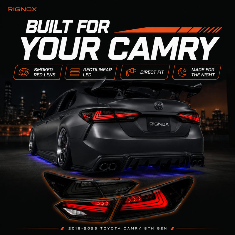 2018-2024 Toyota Camry 8th Gen Sequential LED Tail Lights — smoked red rectilinear selling points summary - T-CAM18-HL-SR