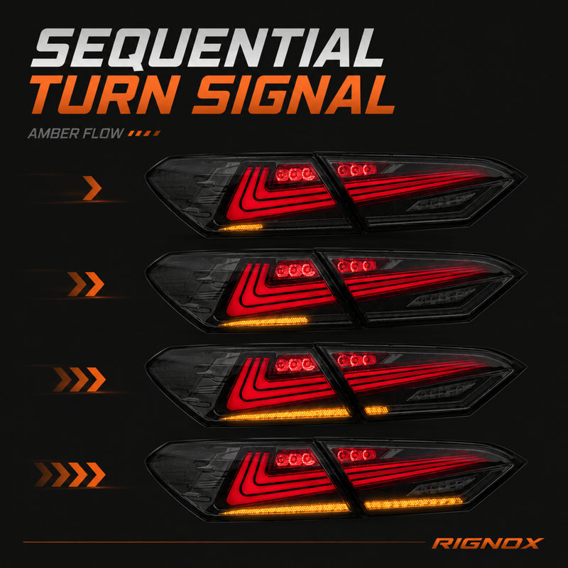 2018-2024 Toyota Camry 8th Gen Sequential LED Tail Lights — smoked red rectilinear sequential turn signal - T-CAM18-HL-SR