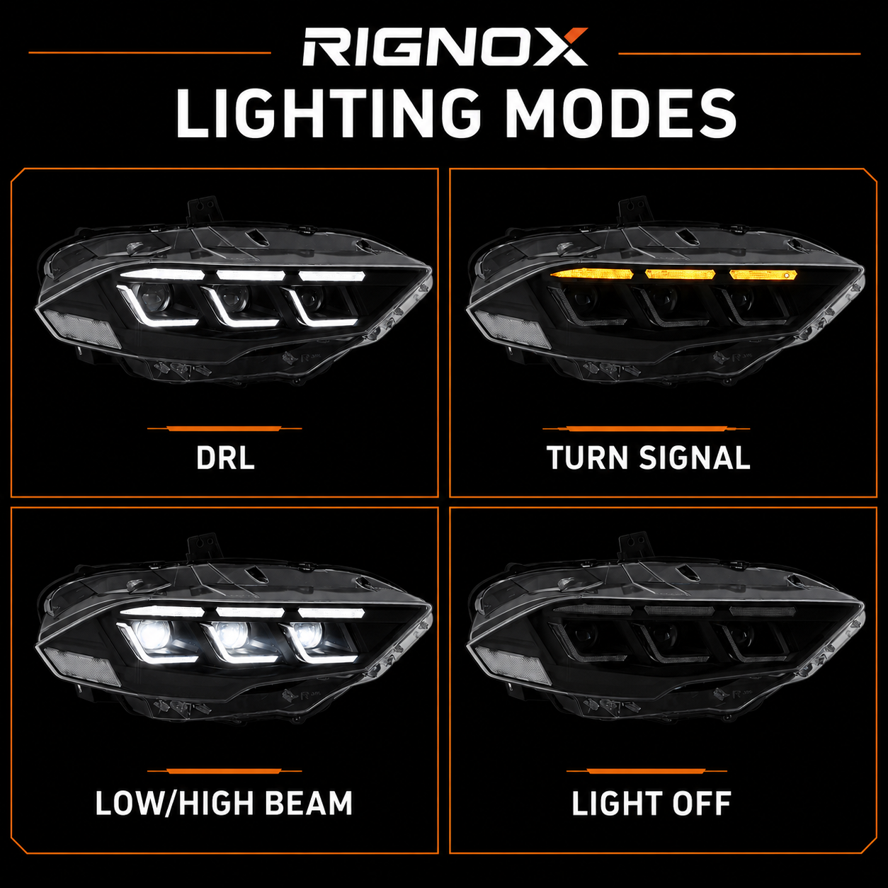 2018-2023 Ford Mustang S550 Facelift LED Triple Projector Headlights — clear LED projector function states H-MUS18-CW