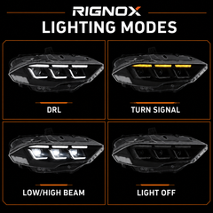 2018-2023 Ford Mustang S550 Facelift LED Triple Projector Headlights — clear LED projector function states H-MUS18-CW