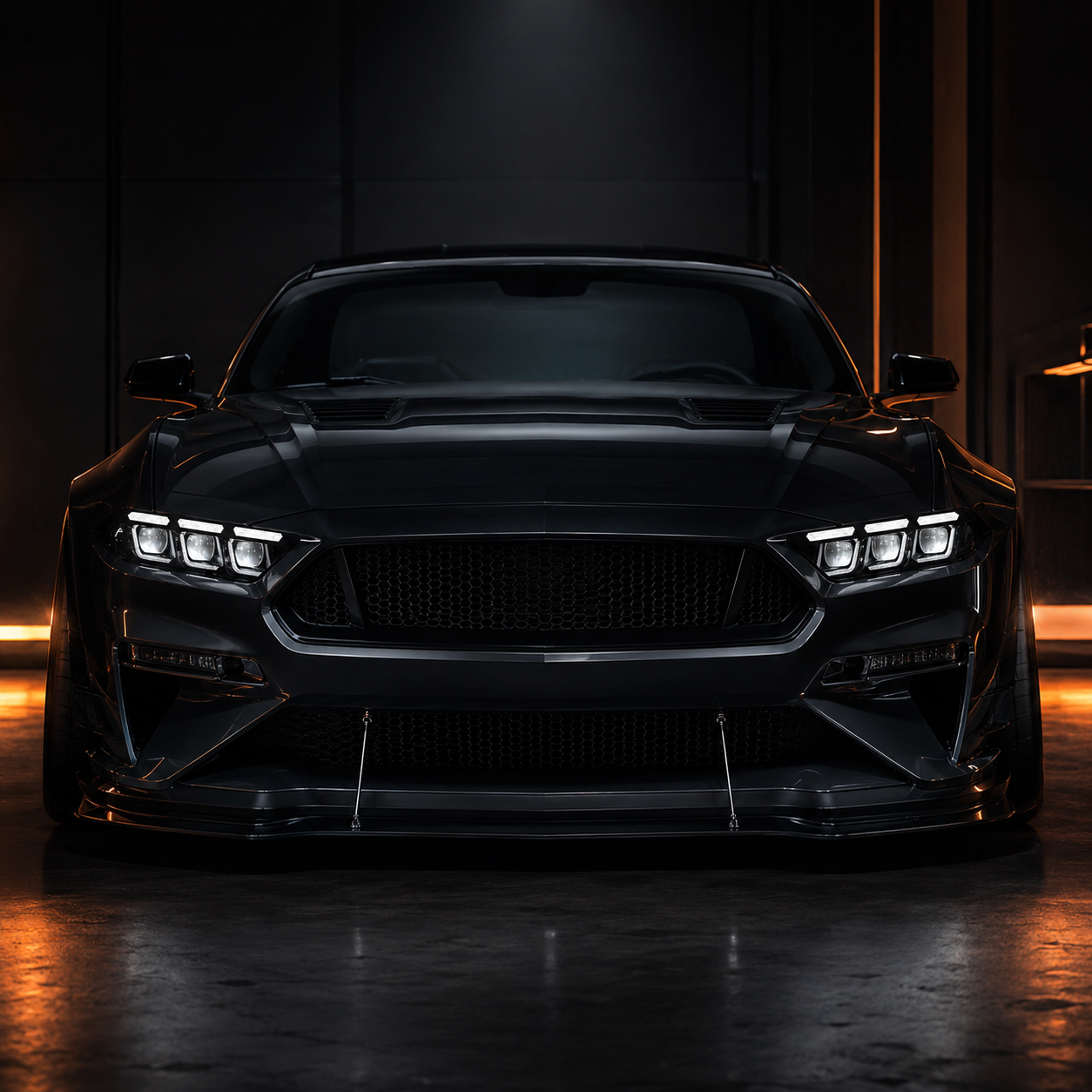 2015-2017 Ford Mustang S550 Pre-Facelift LED Triple Projector Headlights — clear LED projector installed front view 02 - H-MUS15