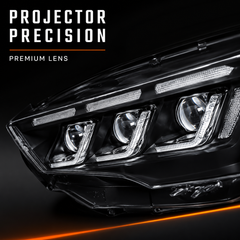 2018-2023 Ford Mustang S550 Facelift LED Triple Projector Headlights — clear LED projector lens close up H-MUS18-CW