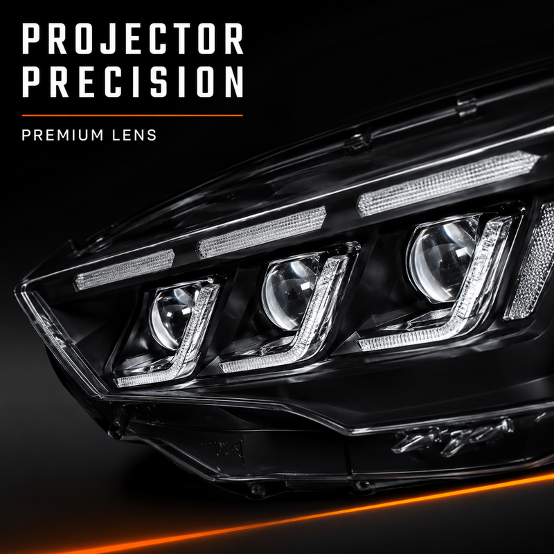 2018-2023 Ford Mustang S550 Facelift LED Triple Projector Headlights — clear LED projector lens close up H-MUS18-CW