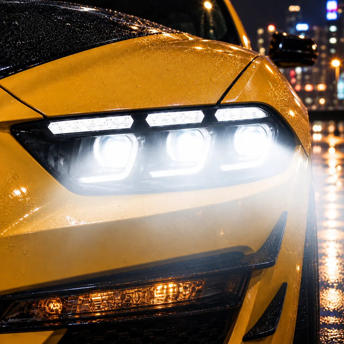2015-2017 Ford Mustang S550 Pre-Facelift LED Triple Projector Headlights — lights-on close-up — H-MUS15