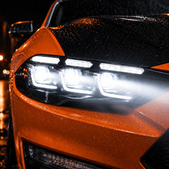 2018-2023 Ford Mustang S550 Facelift LED Triple Projector Headlights — lights-on close-up— H-MUS18-CW