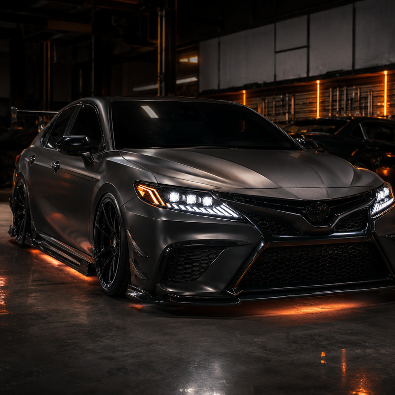 2018-2024 Toyota Camry LED Triple Projector Headlights — clear white garage meet - H-CAM18-CW