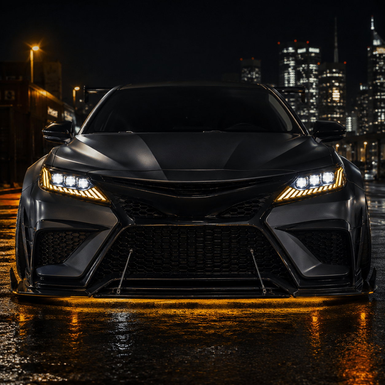 2018-2024 Toyota Camry LED Triple Projector Headlights — clear white installed front view - H-CAM18-CW