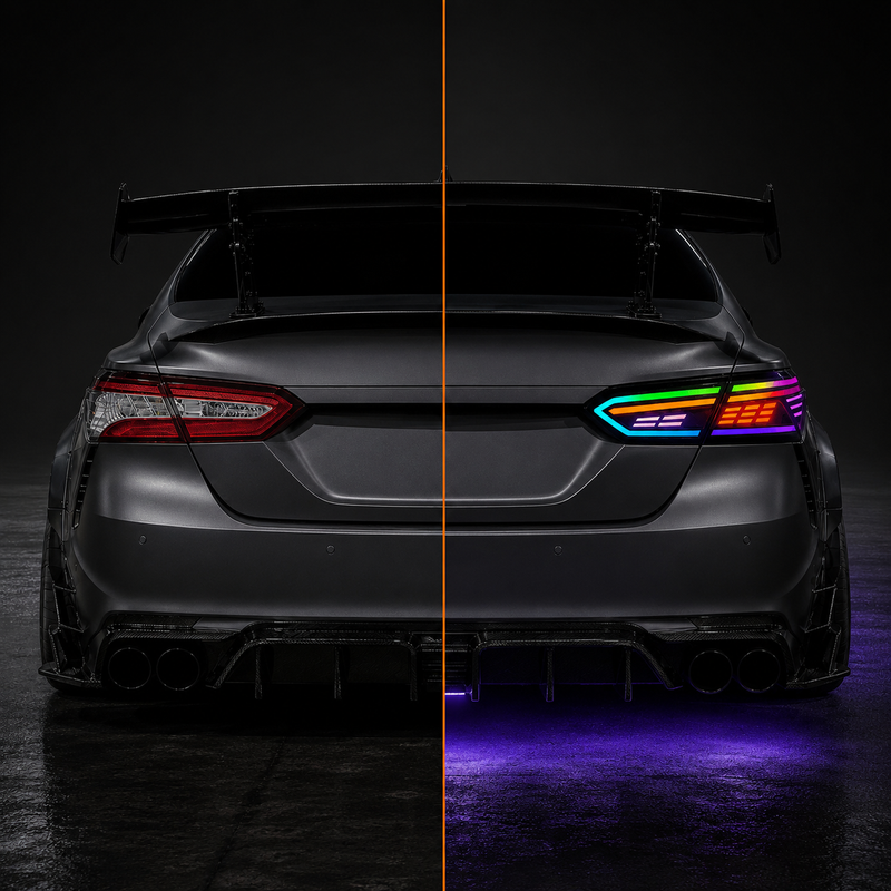 2018-2024 Toyota Camry 8th Gen Sequential LED Tail Lights — rectilinear RGB before after 16 base - T-CAM18-RC-SRGB