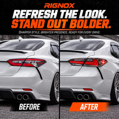 2018-2024 Toyota Camry 8th Gen Sequential LED Tail Lights Assembly — 4-Piece Set (Halo - Clear White) — Before and after tail light upgrade comparison — T-CAM18-HL-CW