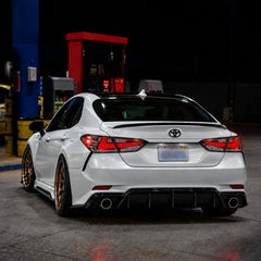 2018-2024 Toyota Camry 8th Gen Sequential LED Tail Lights Assembly — 4-Piece Set (Halo - Clear White) — Rear three-quarter night installation view — T-CAM18-HL-CW
