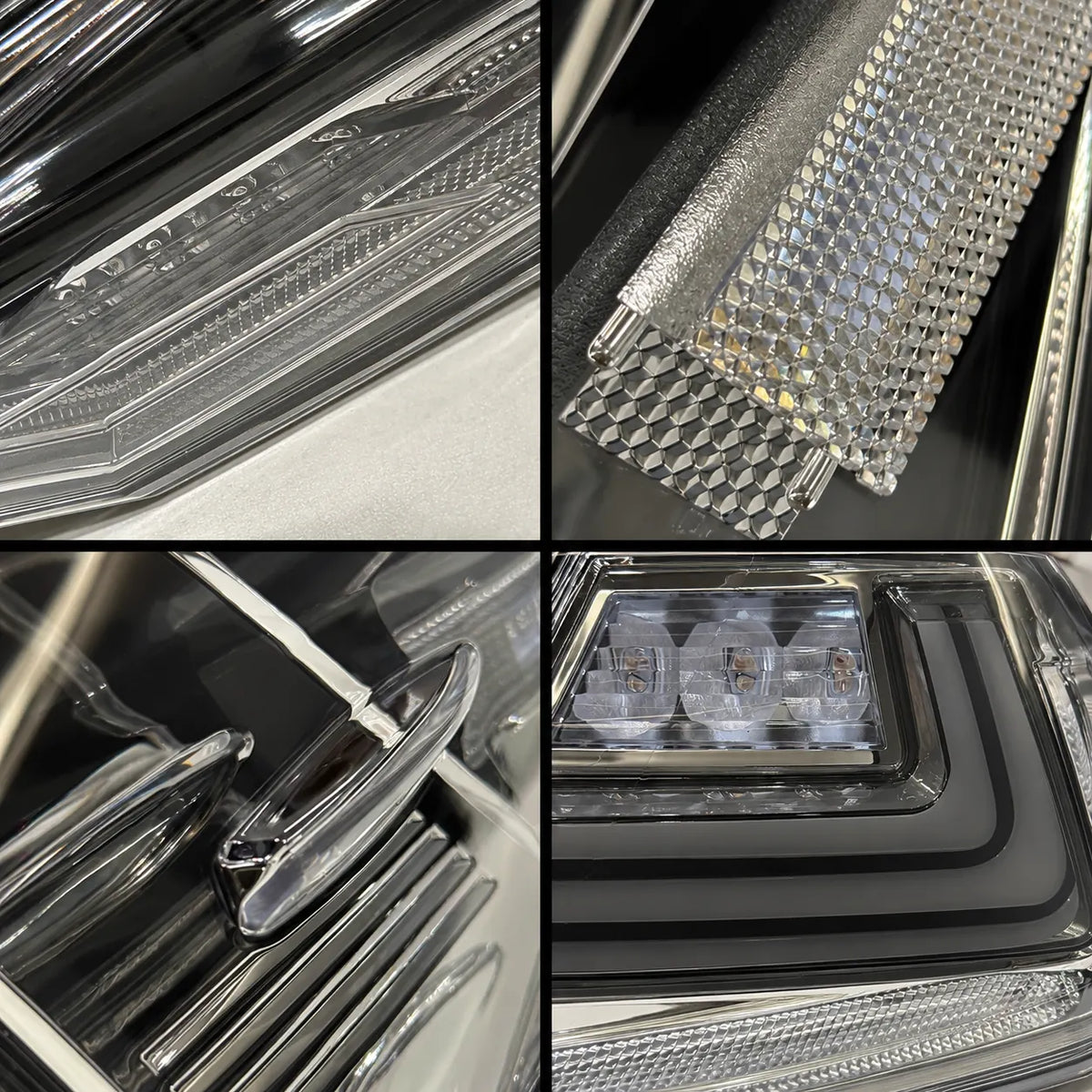 2018-2024 Toyota Camry 8th Gen Sequential LED Tail Lights Assembly — 4-Piece Set (Halo - Clear White) — Four-panel lens and LED detail close-ups — T-CAM18-HL-CW