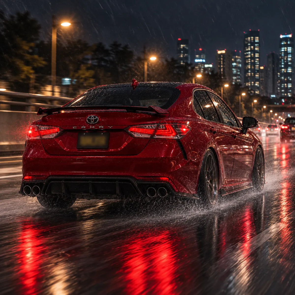 2018-2024 Toyota Camry 8th Gen Sequential LED Tail Lights Assembly — 4-Piece Set (Halo - Clear White) — Red tail lights during rainy night drive — T-CAM18-HL-CW