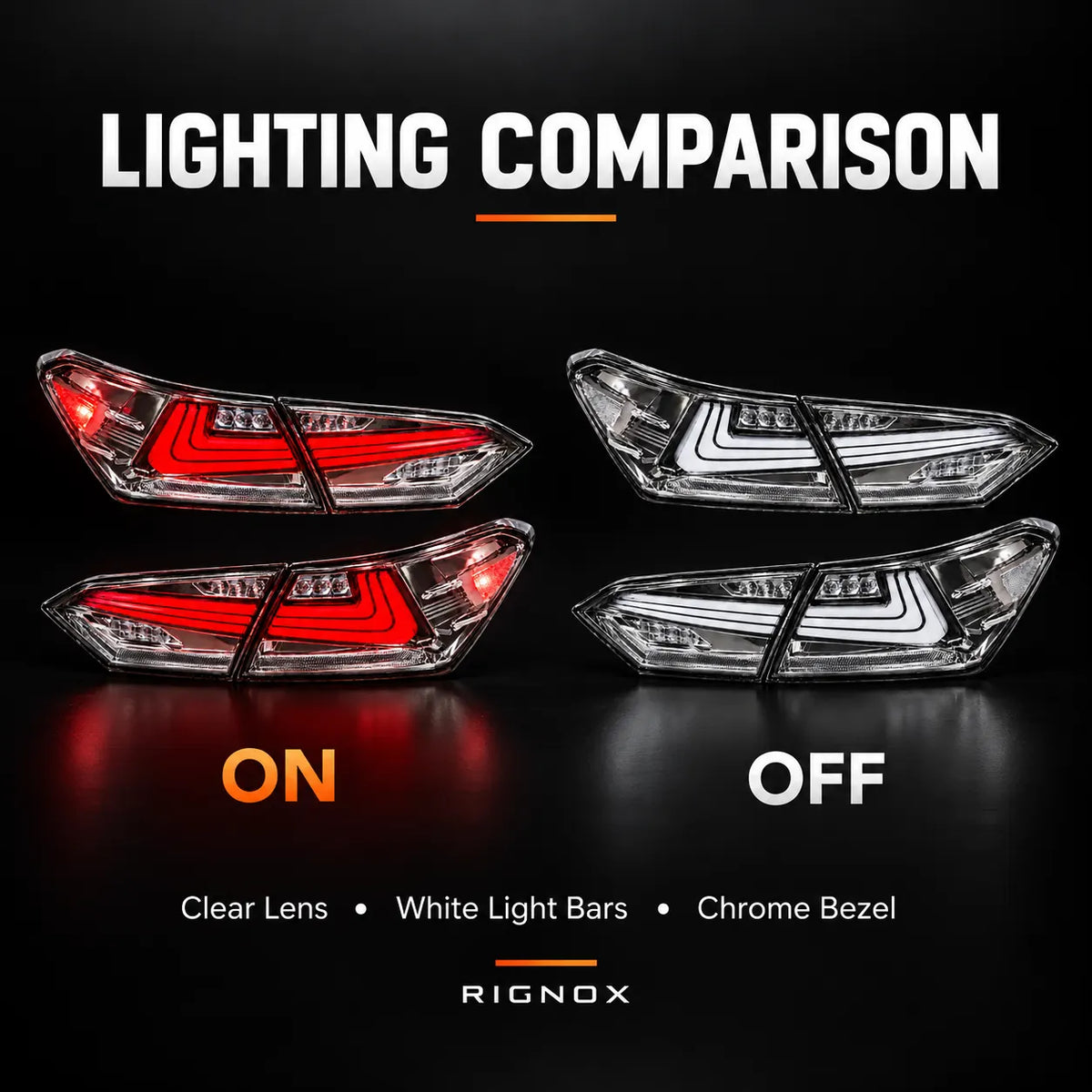 2018-2024 Toyota Camry 8th Gen Sequential LED Tail Lights Assembly — 4-Piece Set (Halo - Clear White) — Lights on and off comparison — T-CAM18-HL-CW